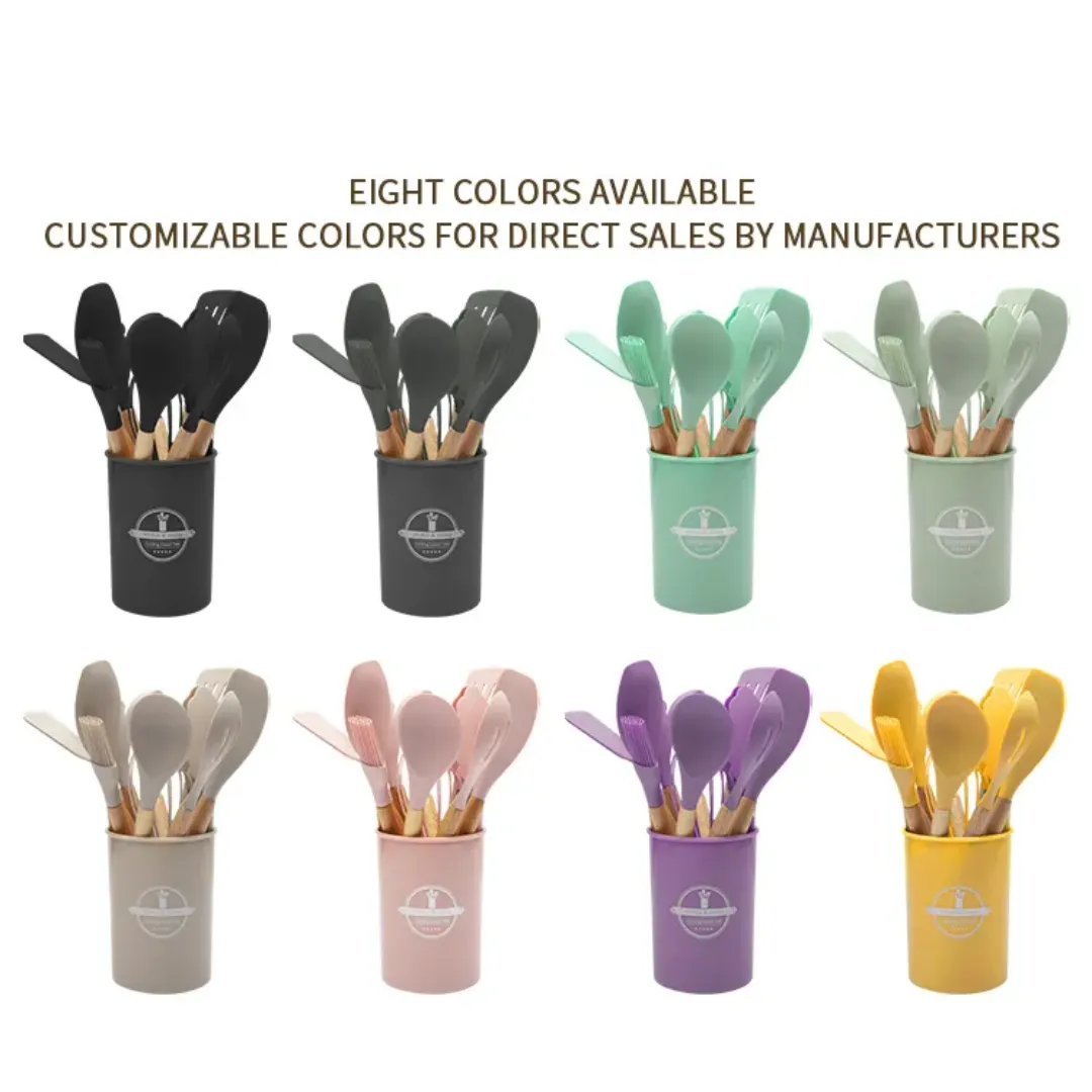 Set d’ustensiles de cuisine en silicone avec manche bois – 12 pièces