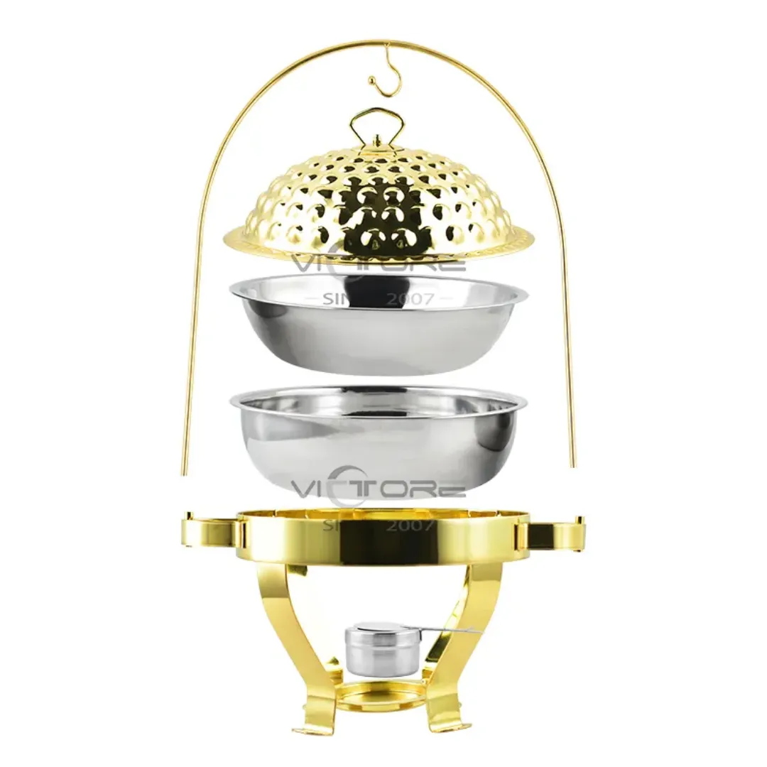 Chauffe-Plat Doré de Luxe de 3.5 a 8L en Acier Inoxydable – Réchaud Buffet Hôtel avec Couvercle Suspendu