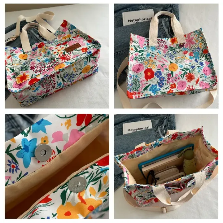 Sac à Main Tissu Floral avec Anses et Bandoulière – Sac Fourre-Tout Léger et Tendance pour Femme