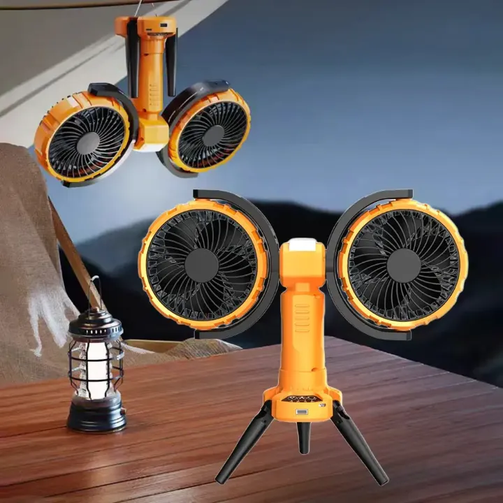 Ventilateur de Camping Rechargeable 8000mAh – Double Têtes, Trépied et Lampe LED Intégrée