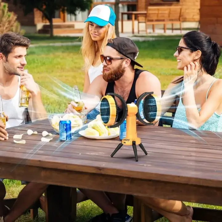 Ventilateur de Camping Rechargeable 8000mAh – Double Têtes, Trépied et Lampe LED Intégrée