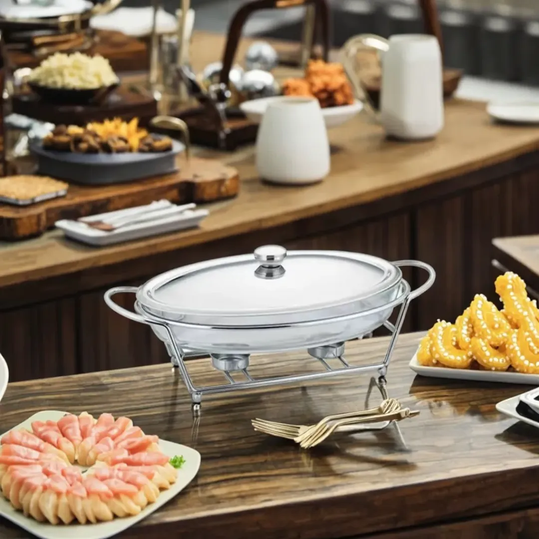 Chafing Dish Ovale Argenté 3L - Chauffe-Plat Design avec Lignes Élégantes