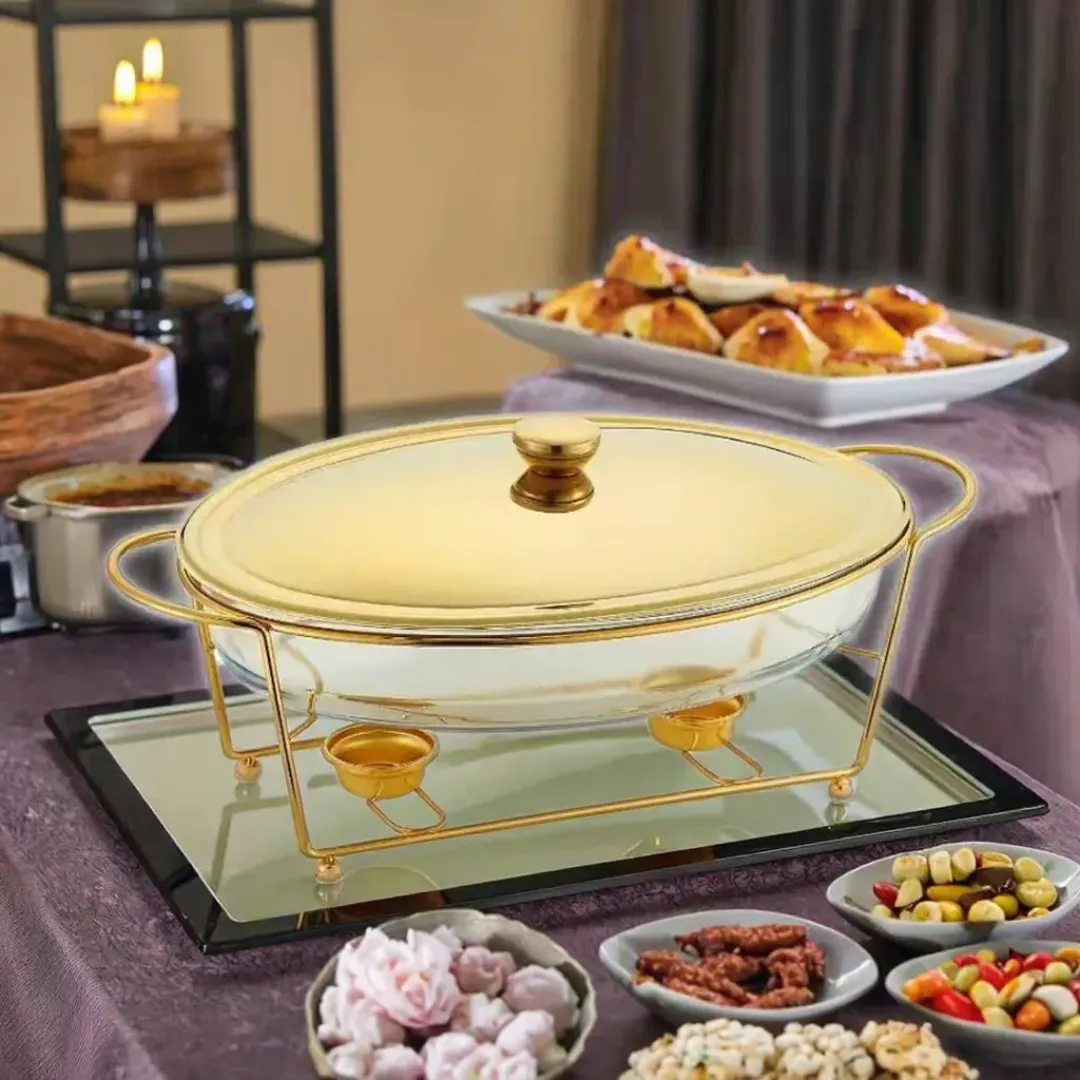 Chafing Dish Ovale Argenté 3L - Chauffe-Plat Design avec Lignes Élégantes