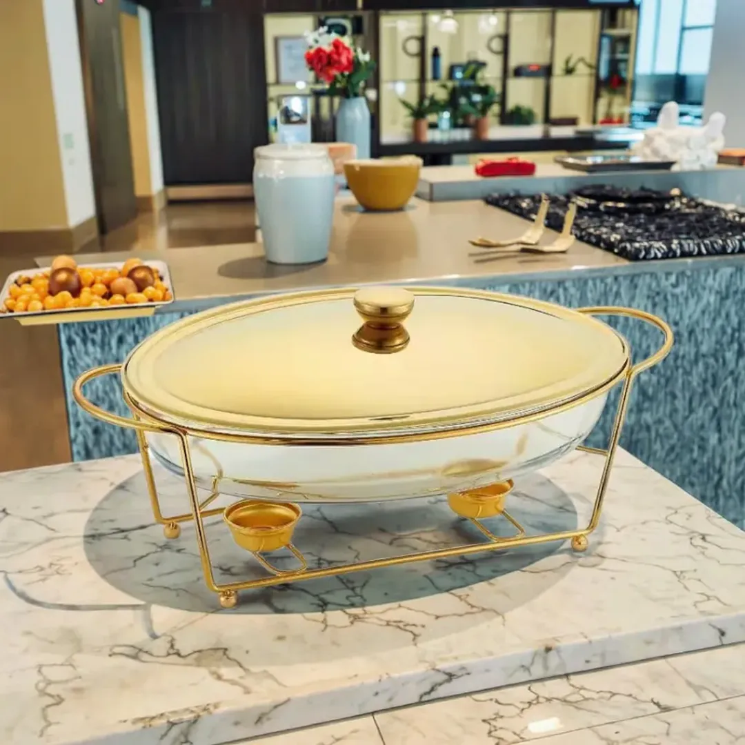 Chafing Dish Ovale Argenté 3L - Chauffe-Plat Design avec Lignes Élégantes