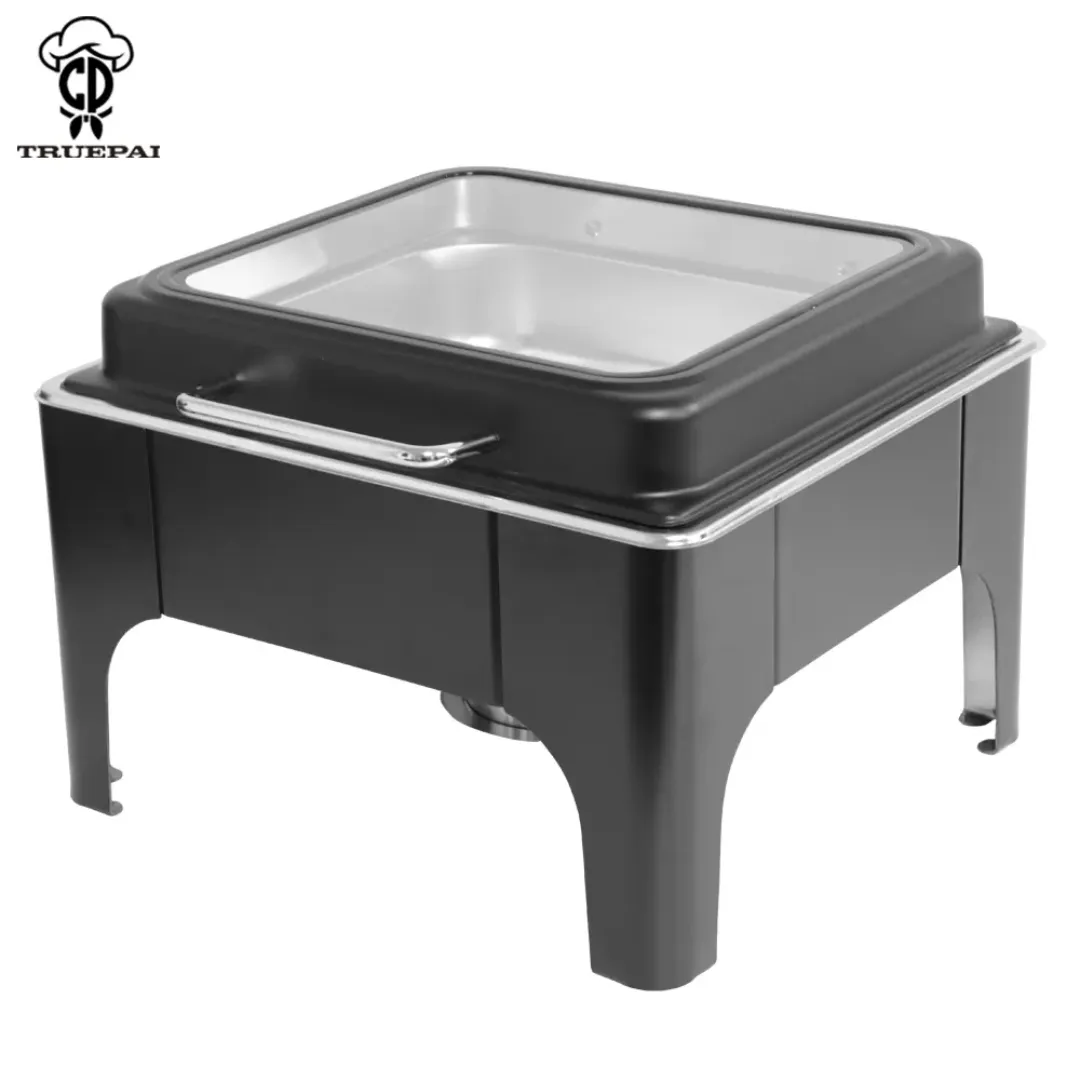Chafing Dish Carré 6L en Inox avec Couvercle en Verre - Présentoir Chauffe-Plat de Luxe pour Buffet