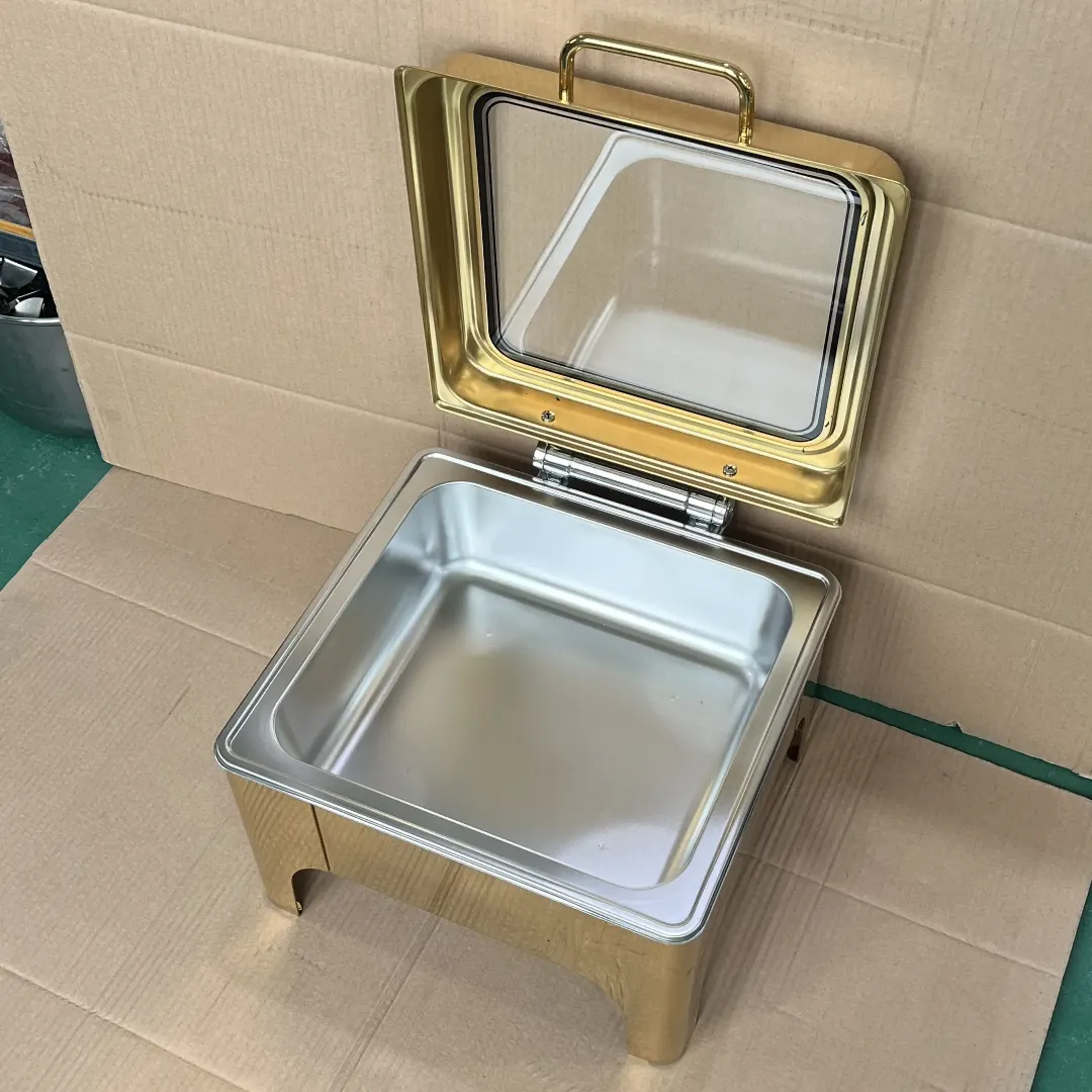 Chafing Dish Carré 6L en Inox avec Couvercle en Verre - Présentoir Chauffe-Plat de Luxe pour Buffet
