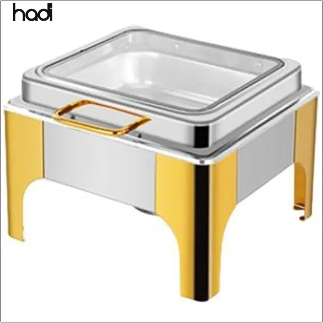 Chafing Dish Carré 6L en Inox avec Couvercle en Verre - Présentoir Chauffe-Plat de Luxe pour Buffet