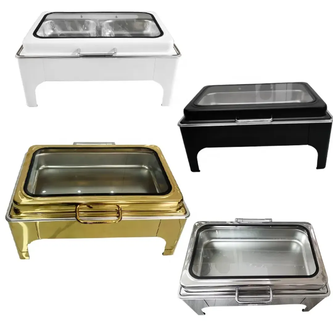 Chafing Dish Carré 6L en Inox avec Couvercle en Verre - Présentoir Chauffe-Plat de Luxe pour Buffet