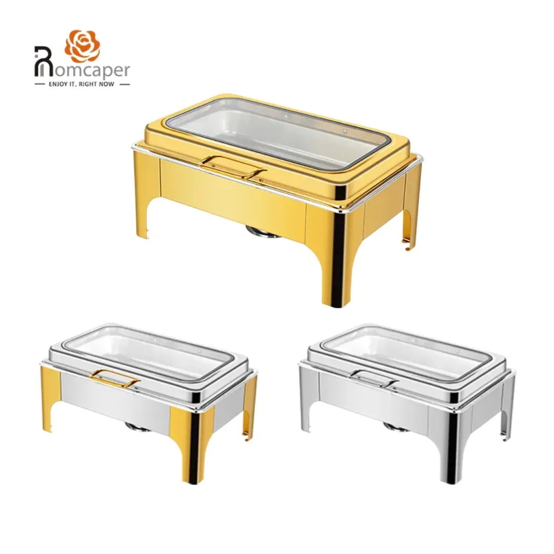 Chafing Dish Rectangulaire Luxe avec Couvercle en Verre - Acier Inoxydable 9L pour Buffets et Hôtels