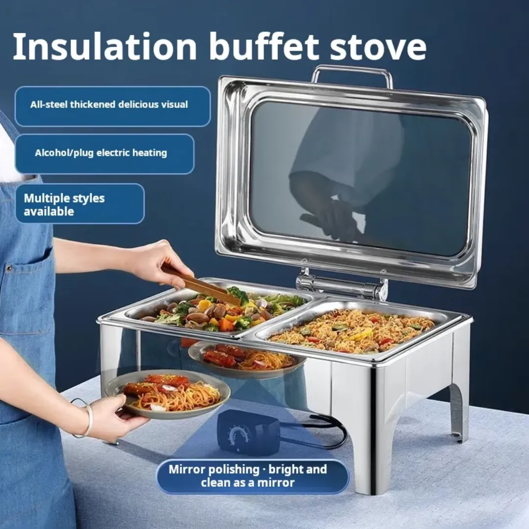 Chafing Dish Rectangulaire Luxe avec Couvercle en Verre - Acier Inoxydable 9L pour Buffets et Hôtels