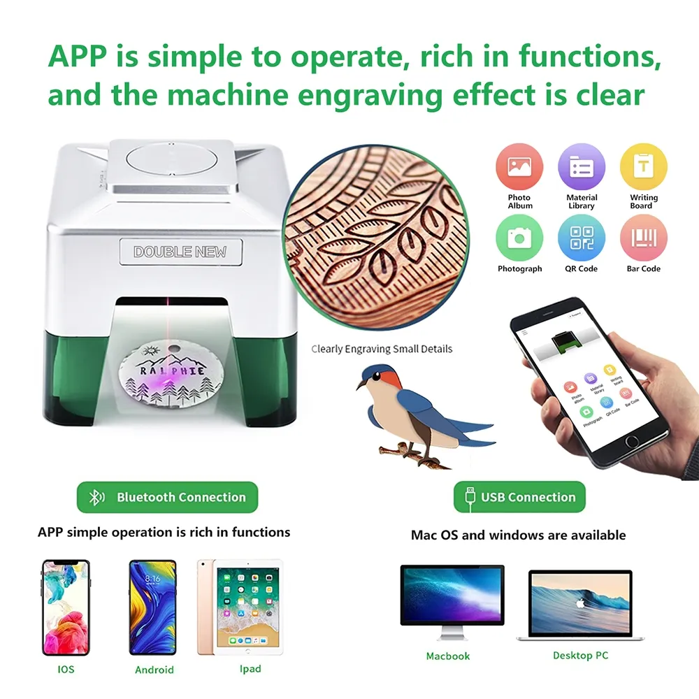 Mini Graveur Laser Bluetooth Haute Précision - 98x88mm - Gravure Métal, Bois, Cuir, Verre - Contrôle via App Mobile et PC