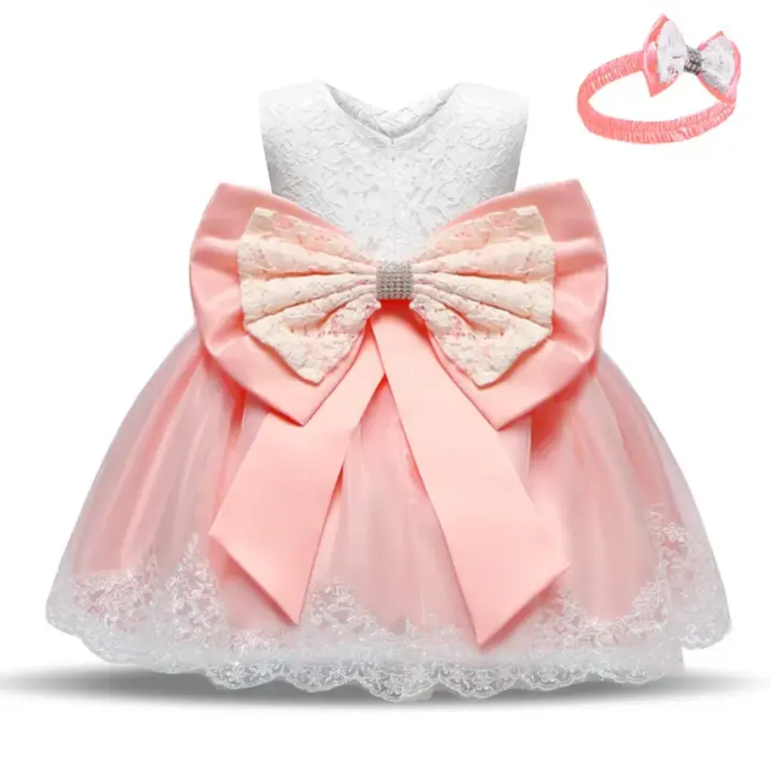 Robe Princesse Bébé Fille avec Bandeau – Tulle et Dentelle Élégante – Idéale Baptême, Mariage, Anniversaire