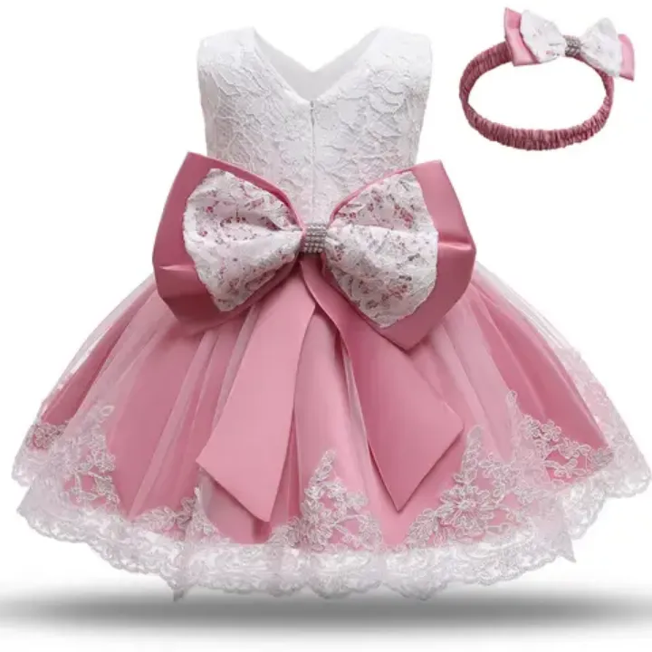 Robe Princesse Bébé Fille avec Bandeau – Tulle et Dentelle Élégante – Idéale Baptême, Mariage, Anniversaire