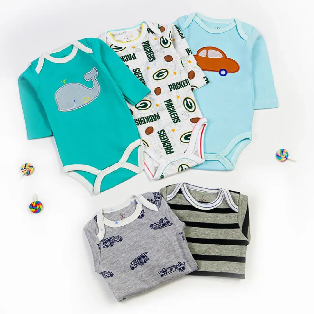 Lot de 5 Barboteuses Bébé – Coton Doux, Manches longues – 0 à 24 Mois – Motifs Animés
