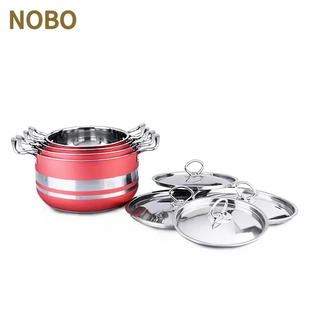 Ensemble de 4 Marmites en Acier Inoxydable - Design Rouge Élégant, Compatible Tous Feux, Idéal pour Soupe, Bouillon et Plats Familiaux