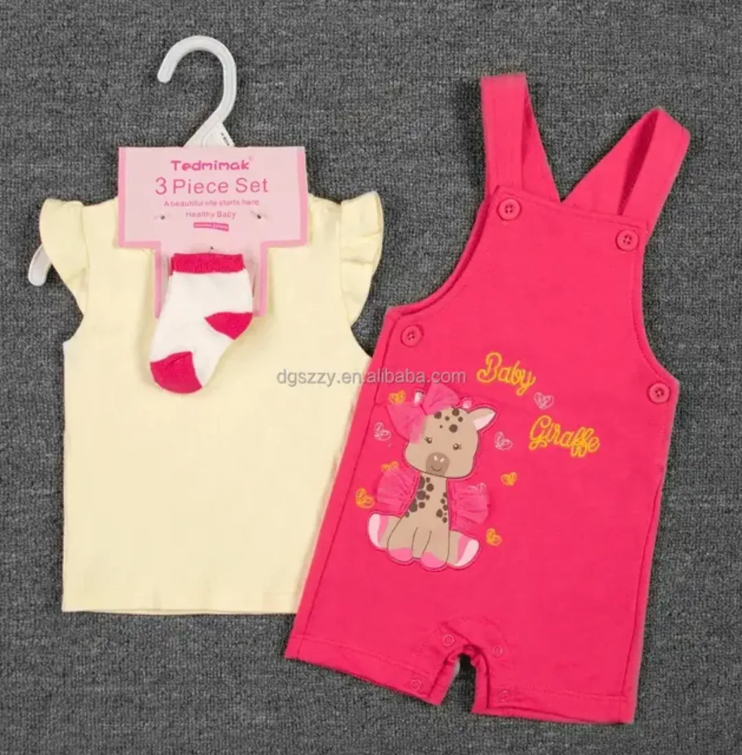 Ensemble 3 Pièces Bébé Été – T-shirt + Salopette à Bretelles Motif Animalier + Chaussettes– 6 à 24 Mois