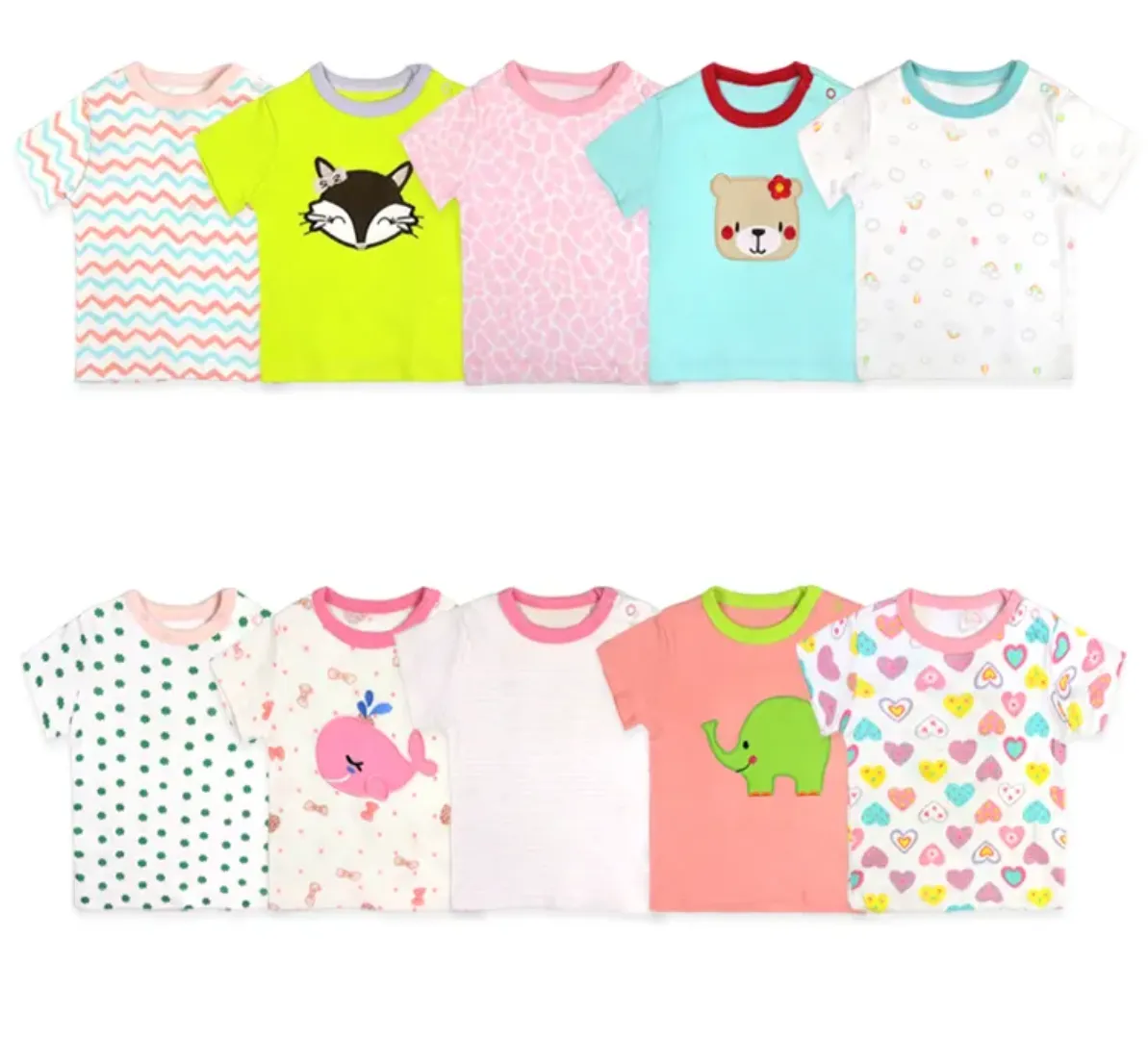 Lot de 5 T-Shirts Bébé Coton – Manches Courtes – Motifs Animés – 0 à 24 Mois
