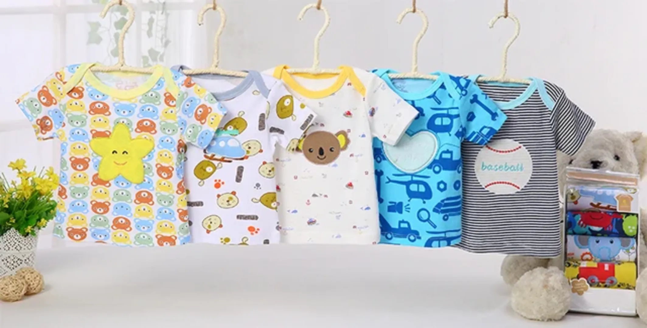 Lot de 5 T-Shirts Bébé Coton – Manches Courtes – Motifs Animés – 0 à 24 Mois