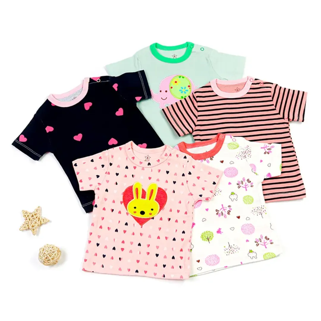 Lot de 5 T-Shirts Bébé Coton – Manches Courtes – Motifs Animés – 0 à 24 Mois
