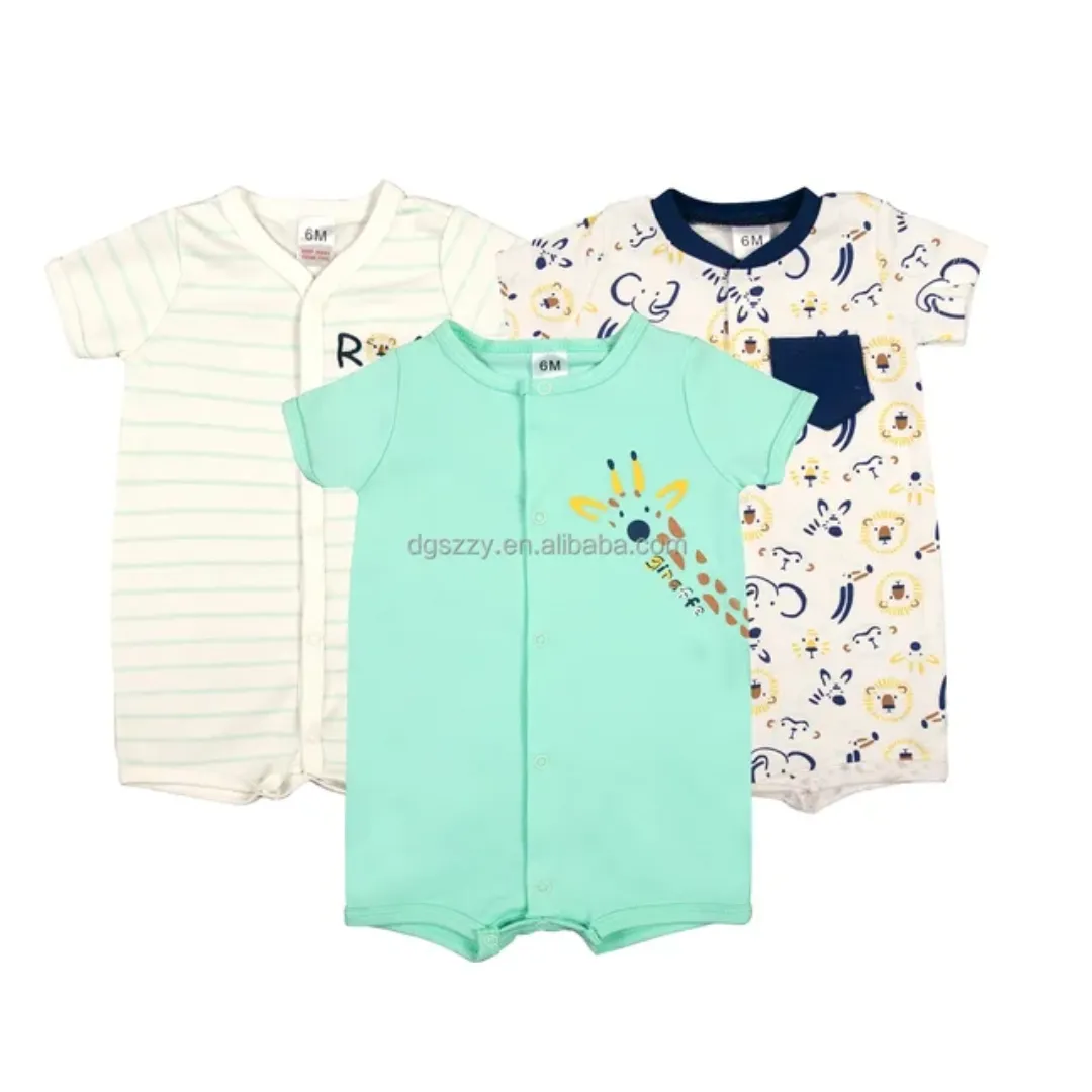 Lot de 3 Grenouillères Bébé Été – Manches Courtes – Motifs Colorés – 0 à 12 Mois