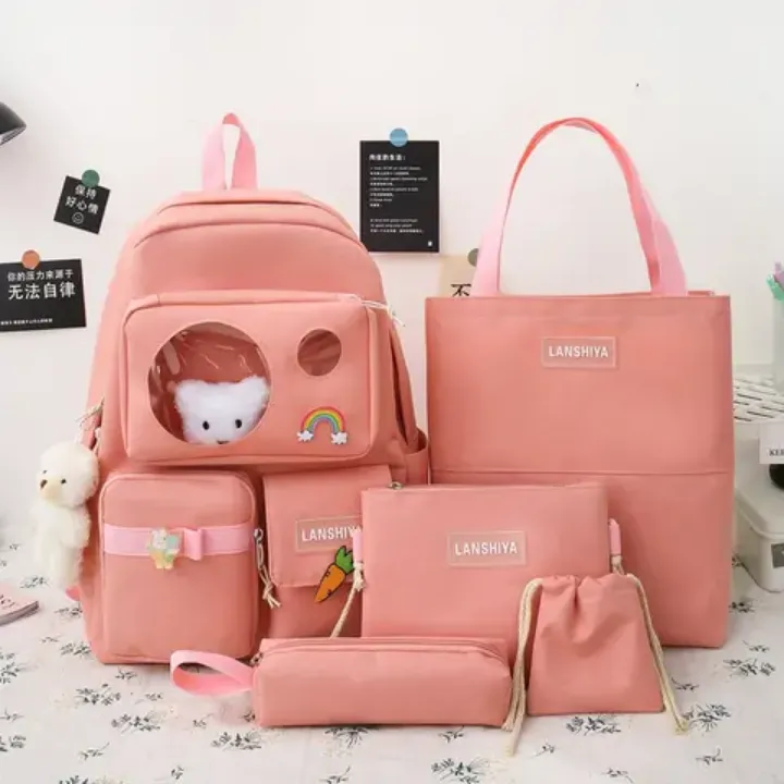 Ensemble 7 Sacs Écoliers Multifonctions – Sac à Dos, Sac à Main, Trousses et Accessoires – Rose, Style Kawaii