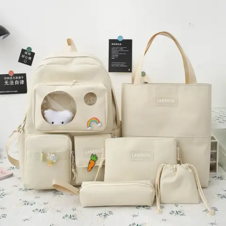 Ensemble 7 Sacs Écoliers Multifonctions – Sac à Dos, Sac à Main, Trousses et Accessoires – Rose, Style Kawaii