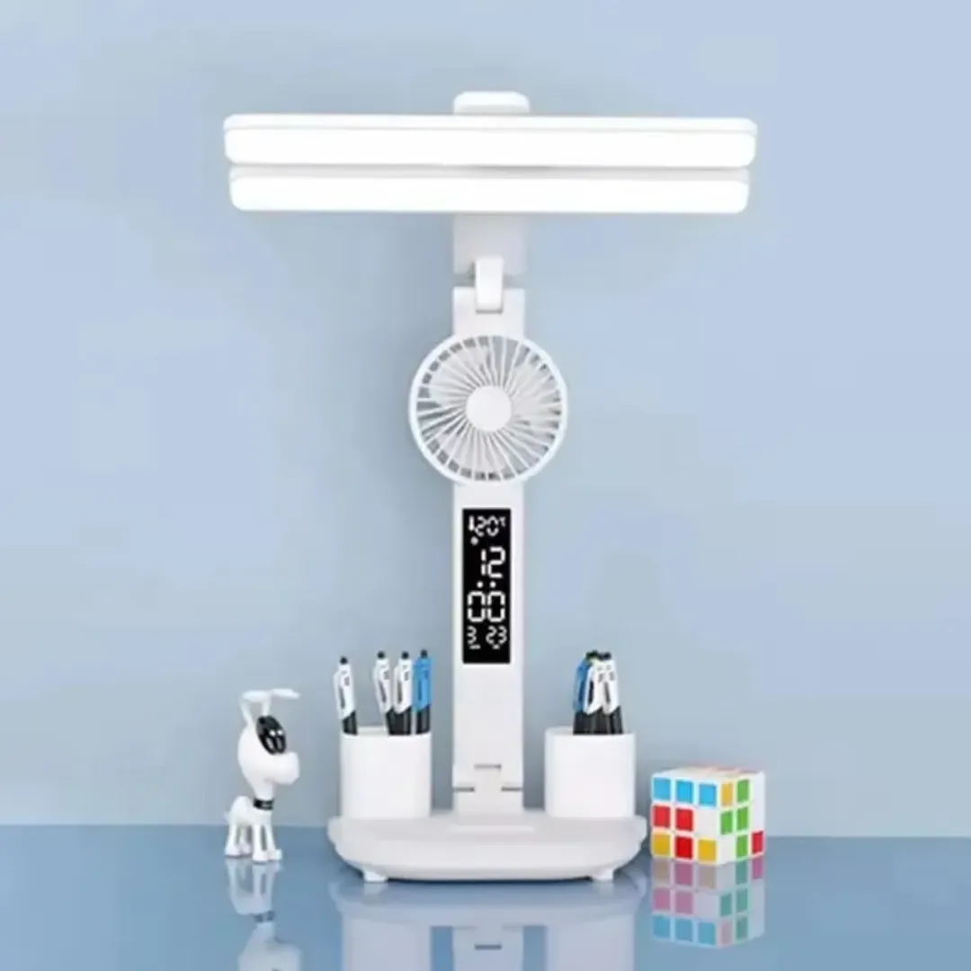 Lampe de Bureau LED Rechargeable avec Ventilateur, Horloge et Porte-Stylo – Tactile, USB, Double Tête