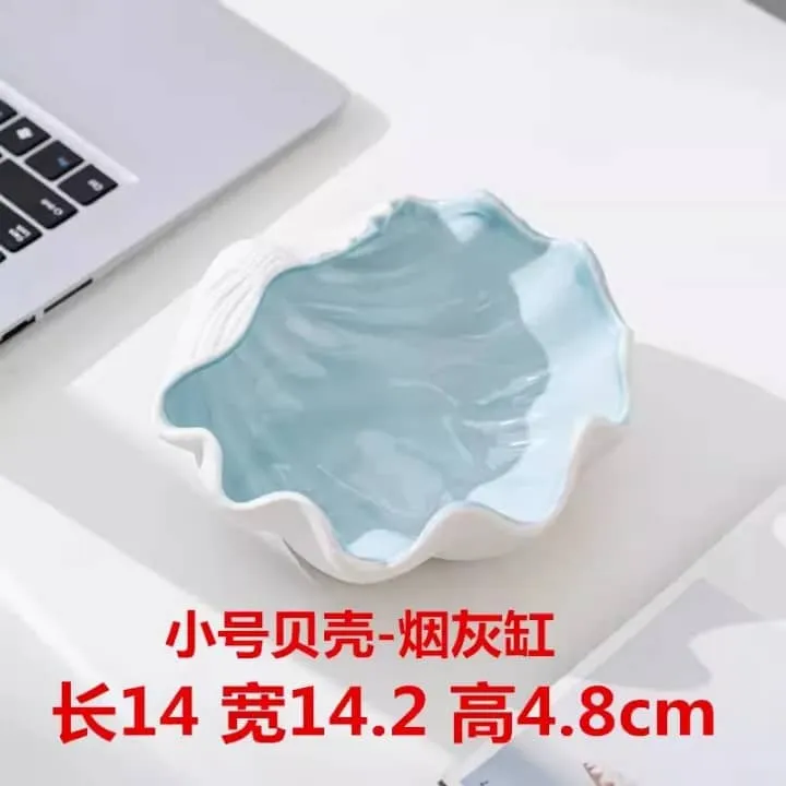 Cendrier décoratif en forme de coquillage – Céramique brillante bleu ciel