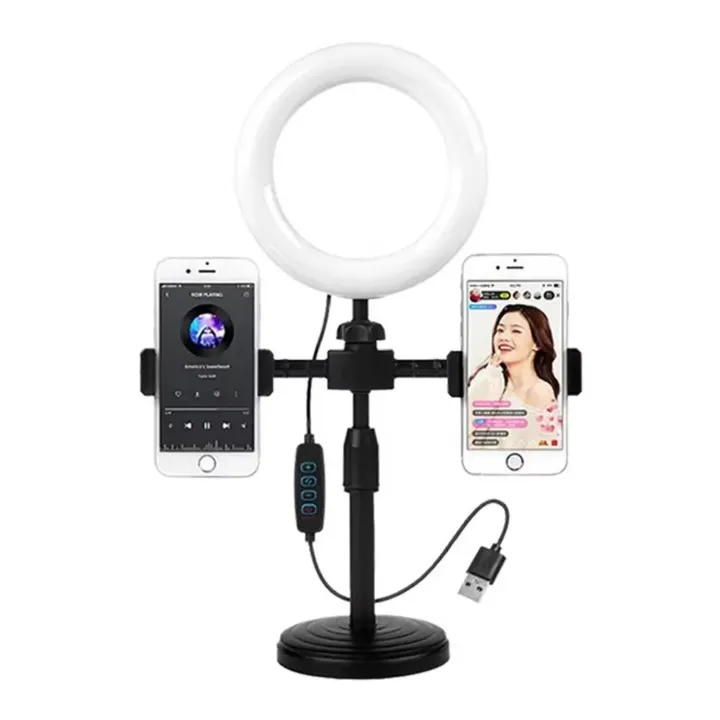 Support trépied téléphone avec anneau LED 6 pouces – Double support pour selfie, live et maquillage