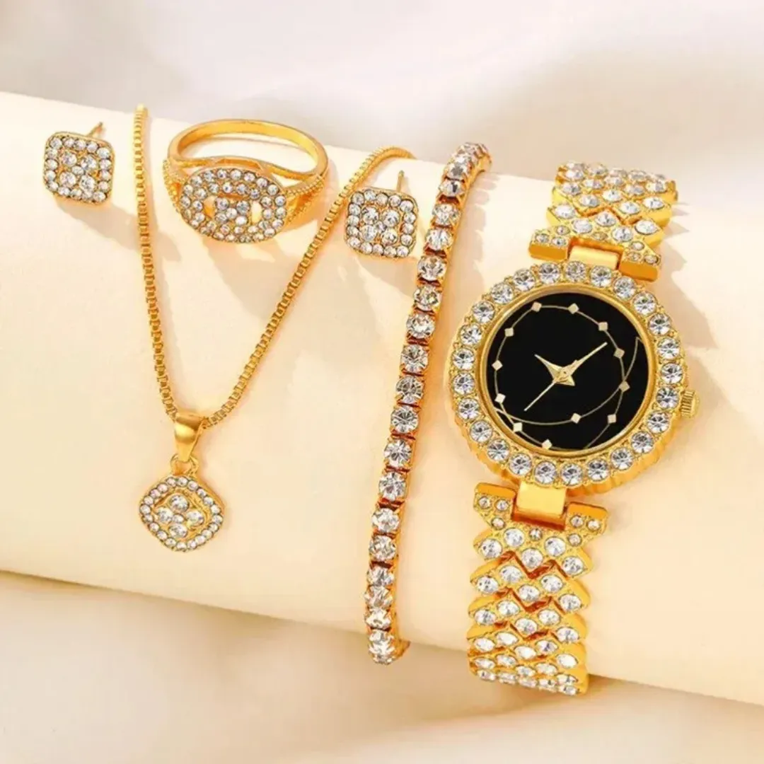 Ensemble Montre & Bijoux 6 pièces pour femme – Montre élégante, bagues, boucles, bracelet et collier dorés avec strass