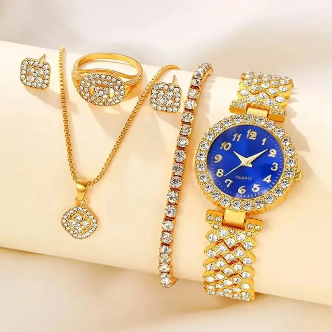 Ensemble Montre & Bijoux 6 pièces pour femme – Montre élégante, bagues, boucles, bracelet et collier dorés avec strass