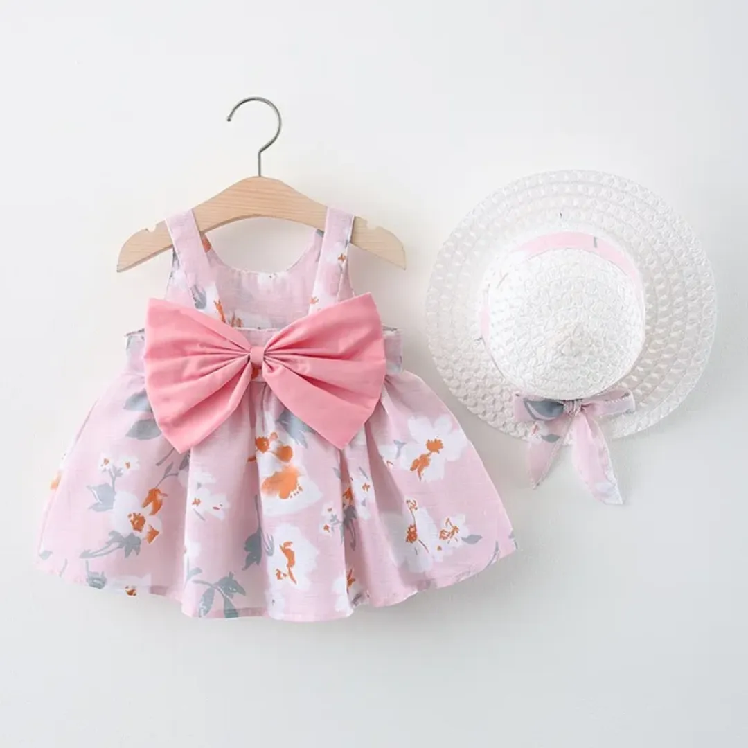 Robe d'été fleurie pour bébé fille avec grand nœud et chapeau assorti – Style chrysanthème