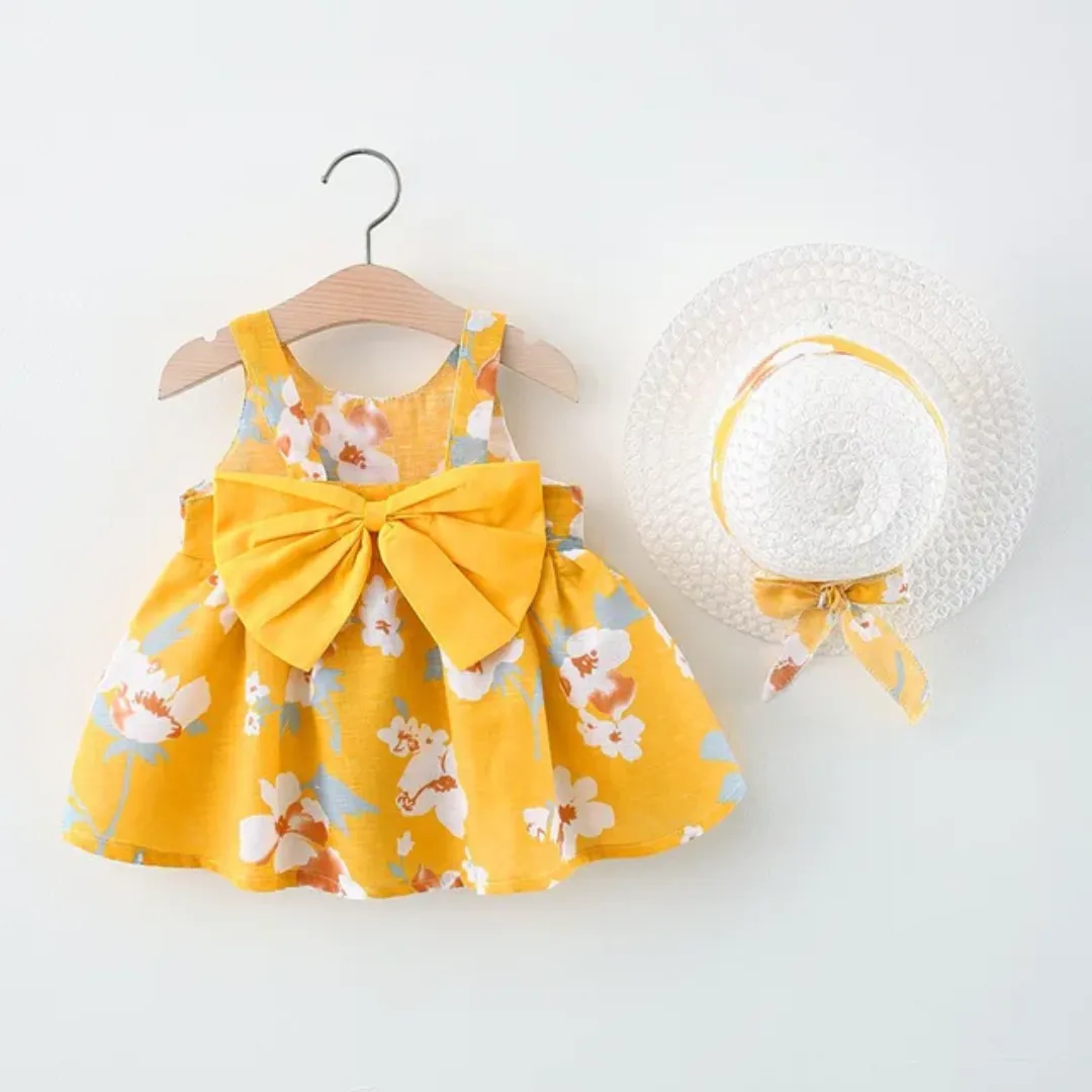 Robe d'été fleurie pour bébé fille avec grand nœud et chapeau assorti – Style chrysanthème