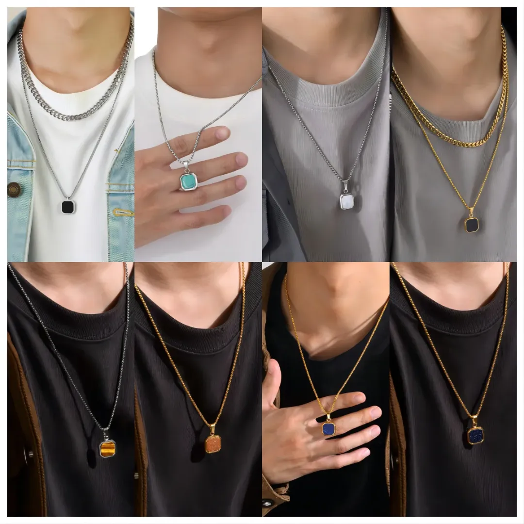 Chaîne Carrée Homme/Femme – Acier Inoxydable Doré 18K & Pierre Naturelle – Bijou Tendance Hiphop