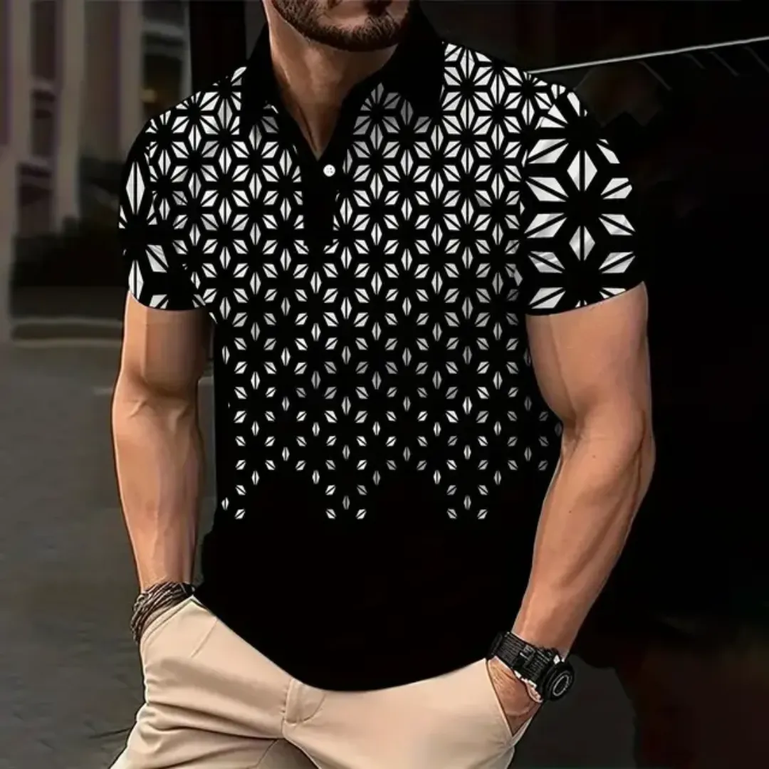 Polo Homme Design Géométrique – Manches Courtes, Confort & Élégance | Polyester Anti-Rétrécissemen