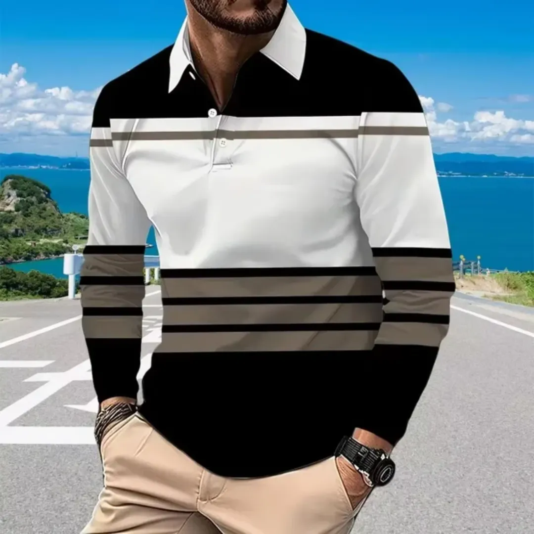 Polo Homme Bicolore Élégant – Design Patchwork, Manches Longues, Coupe Moderne Décontractée