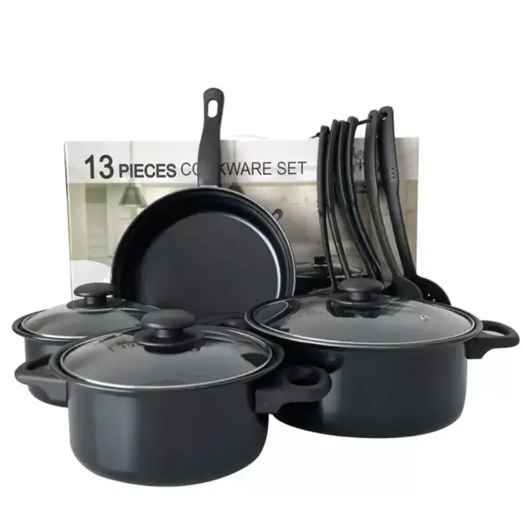 Batterie de Cuisine 12 Pièces – Poêles, Casseroles & Ustensiles avec Couvercles – Revêtement Antiadhésif Noir