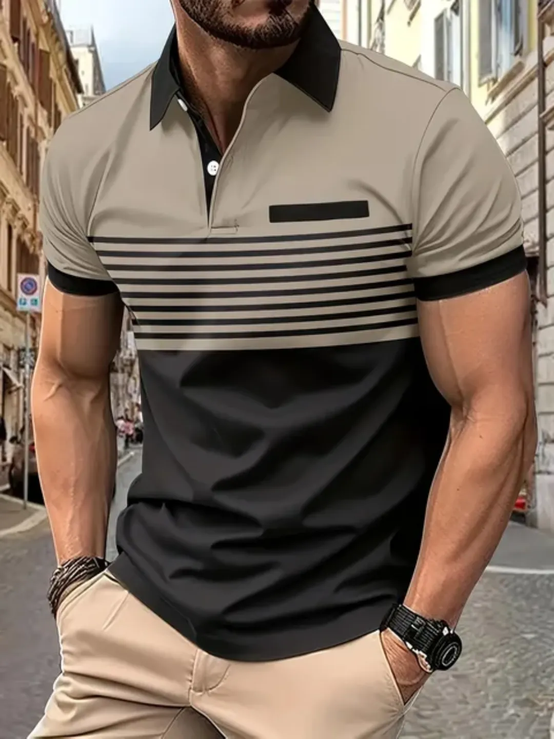 Polo Homme Élégant Bicolore – Tendance Été, Manches Courtes, Col Boutonné – Look Sport-Chic