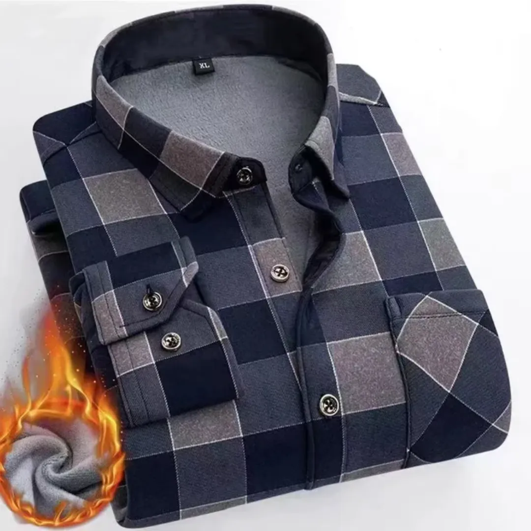 Chemise Homme Chaude à Carreaux en Polaire – Manches Longues, Hiver & Automne, Élégante et Décontractée