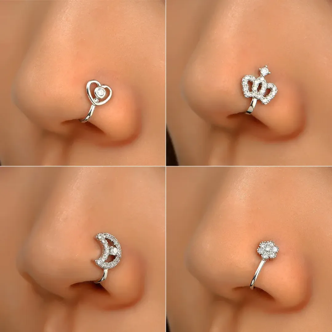 Piercing de Nez Sans Perçage – Anneau U en Titane avec Strass Zircon – Formes Étoile, Couronne, Lune