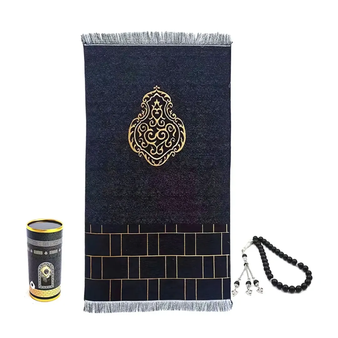 Set de Prière Luxe Kaaba – Tapis élégant avec boîte cylindrique et chapelet musulman (Misbaha)