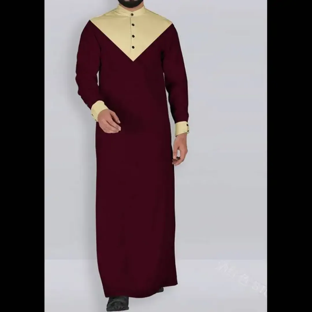 Qamis Bicolore Homme – Tunique Islamique Élégante à Col Haut et Design Géométrique Moderne