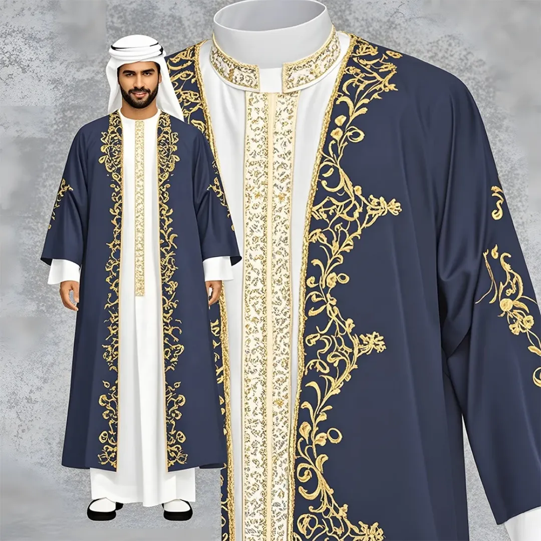 Bisht Émirati Homme – Cape Traditionnelle de Luxe Brodée Or, Abaya Cérémoniale Orientale