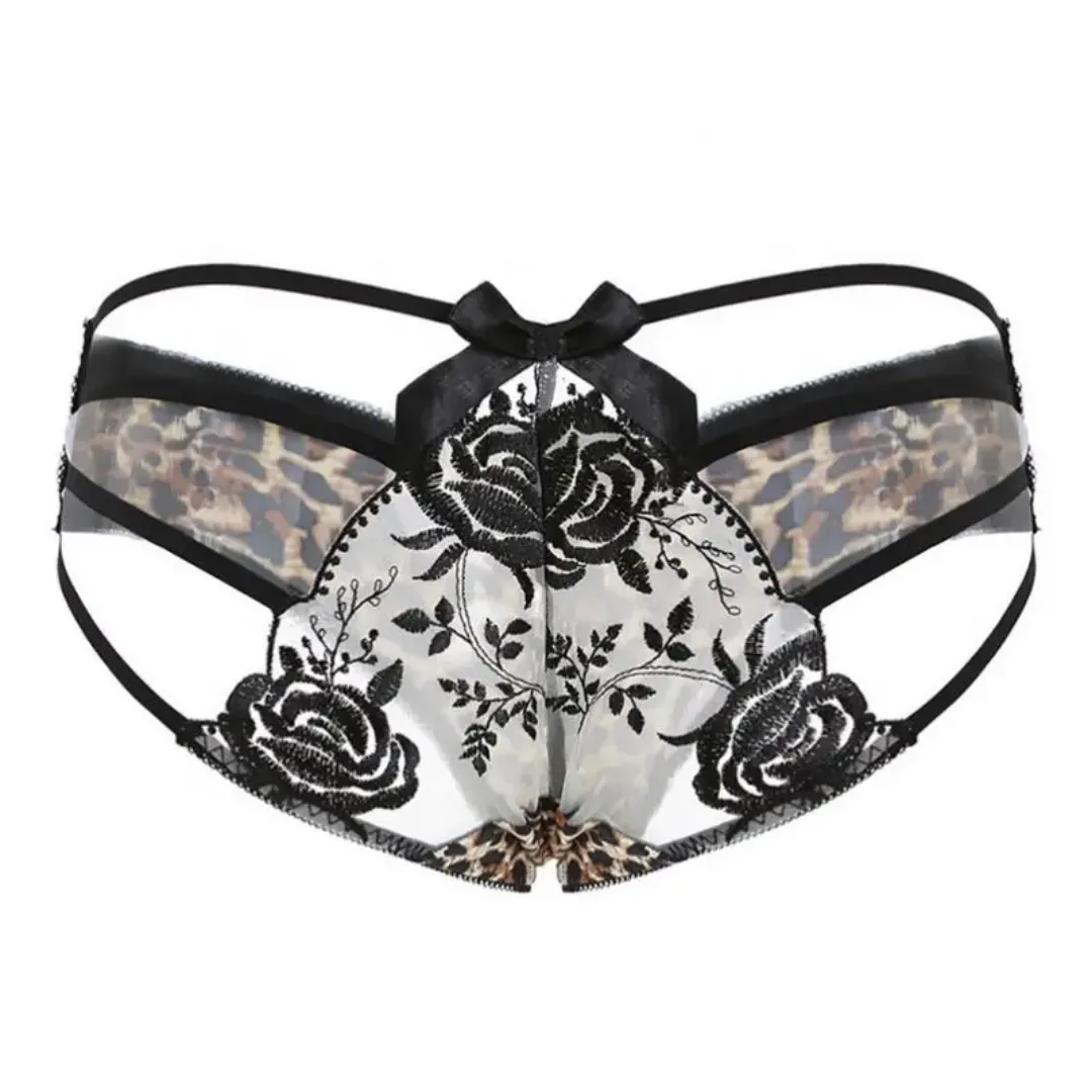 Culotte Sexy en Dentelle Transparente – Broderie Florale et Lanières Séduisantes