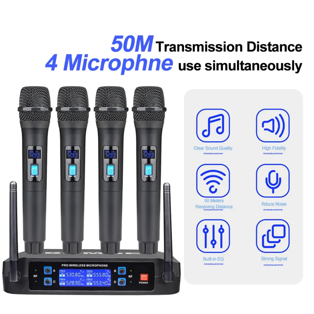 Microphone Sans Fil Professionnel VHF à 4 Canaux – Son Clair, Portée 50m, pour Événements et Spectacles