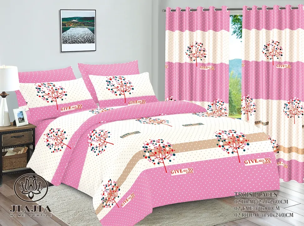 Parure de Lit 6 Pièces avec Rideaux – Motifs Variés – Draps 240×260cm – Coton Confort – Ensemble Élégant et Moderne