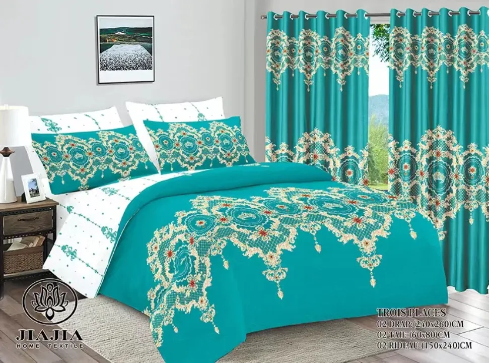 Parure de Lit 6 Pièces avec Rideaux – Motifs Variés – Draps 240×260cm – Coton Confort – Ensemble Élégant et Moderne