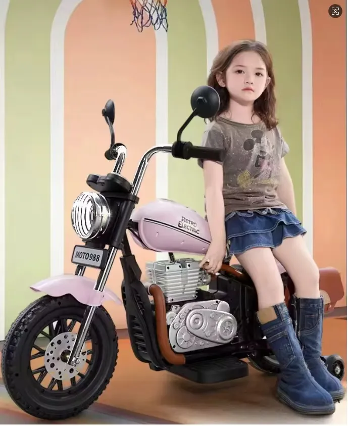 Moto Électrique Enfant Style Vintage – Modèle Rétro avec Roues Stabilisateur