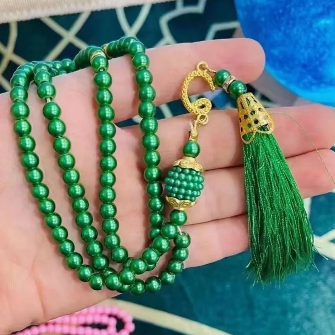 Misbaha Élégance Rose – Chapelet Musulman avec Perles Roses Nacrées et Pompon Doré