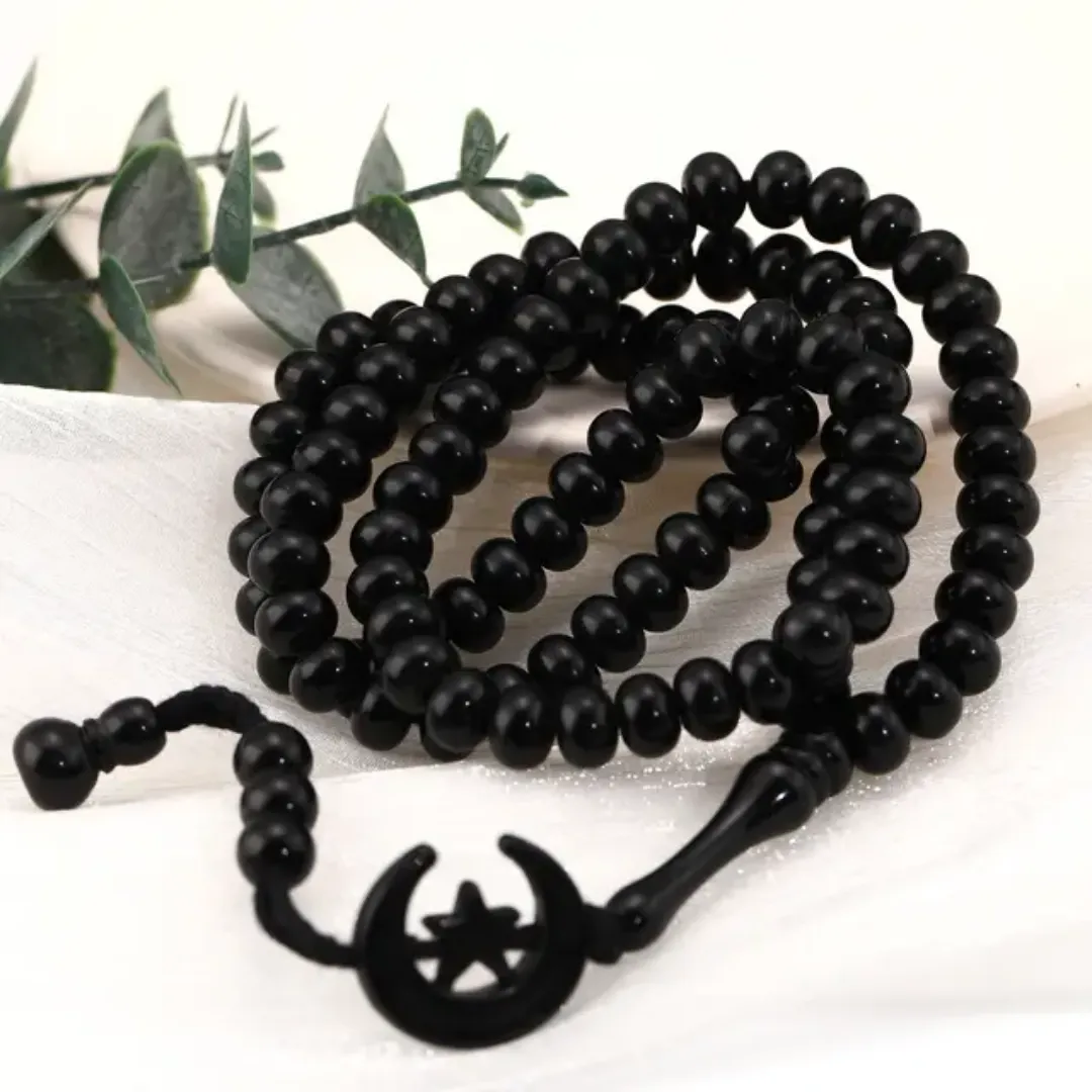 Chapelet Musulman en Bois – 99 Perles avec Pendentif Lune & Étoile